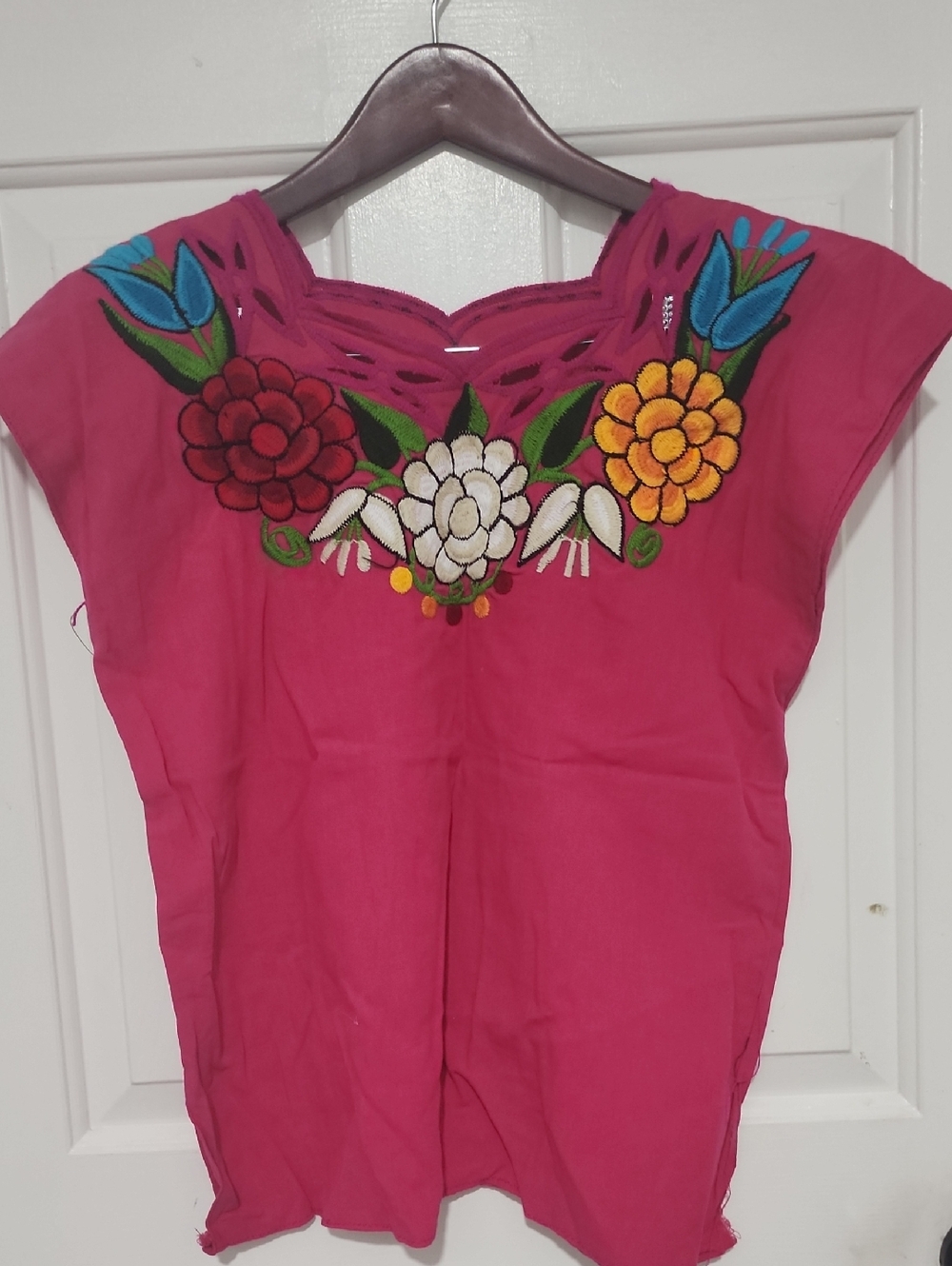 Embroidered Fuchsia Women's Peasant Top - Floral Detail